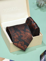 Brown Floral Necktie & Pocket Square Giftset