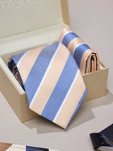 Beige & Blue Stripe Necktie & Pocket Square Giftset