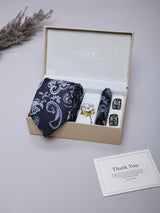 Navy Blue Paisley Necktie Pocket Square Brooch & Cufflinks Giftset