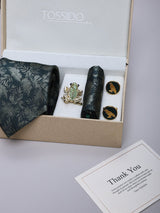 Dark Green Floral Necktie Pocket Square Brooch & Cufflinks Giftset