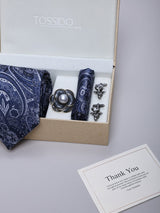 Navy Blue Paisley Necktie Pocket Square Brooch & Cufflinks Giftset