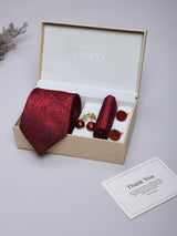 Maroon Paisley Necktie Pocket Square Brooch & Cufflinks Giftset