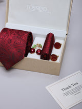 Maroon Paisley Necktie Pocket Square Brooch & Cufflinks Giftset