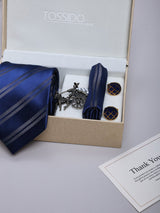 Blue Striped Necktie Pocket Square Brooch & Cufflinks Giftset
