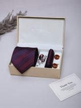 Maroon Striped Necktie Pocket Square Brooch & Cufflinks Giftset