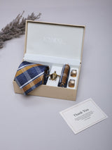 Blue & Gold Striped Necktie Pocket Square Brooch & Cufflinks Giftset