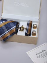 Blue & Gold Striped Necktie Pocket Square Brooch & Cufflinks Giftset
