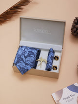 Navy Blue Floral Necktie Pocket Square Brooch & Cufflinks Giftset