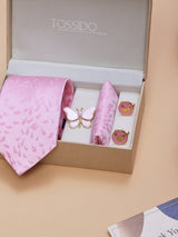 Pink Paisley Necktie Pocket Square Brooch & Cufflinks Giftset