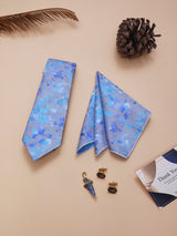 Light Blue Floral Necktie Pocket Square Brooch & Cufflinks Giftset