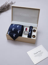 Navy Blue Deer Necktie Pocket Square Brooch & Cufflinks Giftset