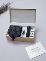 Black & Blue Paisley Necktie Pocket Square Brooch & Cufflinks Giftset