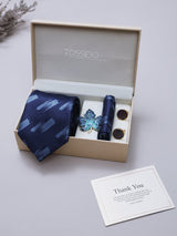Navy Blue Abstract Necktie Pocket Square Brooch & Cufflinks Giftset