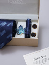 Navy Blue Abstract Necktie Pocket Square Brooch & Cufflinks Giftset