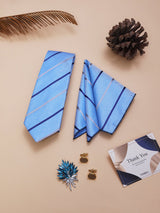 Sky Blue Striped Necktie Pocket Square Brooch & Cufflinks Giftset
