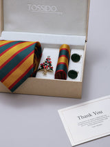 Yellow & Green Striped Necktie Pocket Square Brooch & Cufflinks Giftset
