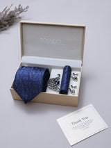 Navy Blue Abstract Necktie Pocket Square Brooch & Cufflinks Giftset