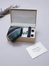 Black & Green Striped Necktie Pocket Square Brooch & Cufflinks Giftset