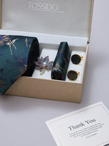 Dark Green Floral Necktie Pocket Square Brooch & Cufflinks Giftset