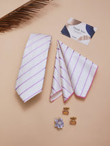 White & Pink Striped Necktie Pocket Square Brooch & Cufflinks Giftset