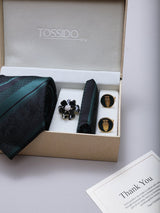 Green & Black Striped Necktie Pocket Square Brooch & Cufflinks Giftset