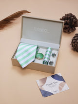 Mint Green Striped Necktie Pocket Square Brooch & Cufflinks Giftset