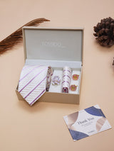 White & Pink Striped Necktie Pocket Square Brooch & Cufflinks Giftset