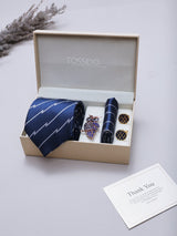 Navy Blue Striped Necktie Pocket Square Brooch & Cufflinks Giftset