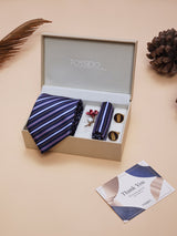 Navy Blue Striped Necktie Pocket Square Brooch & Cufflinks Giftset