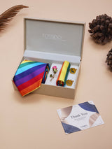 Multicolor Striped Necktie Pocket Square Brooch & Cufflinks Giftset