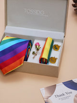 Multicolor Striped Necktie Pocket Square Brooch & Cufflinks Giftset
