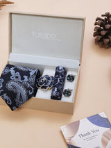 Navy Blue Paisley Necktie Pocket Square Brooch & Cufflinks Giftset