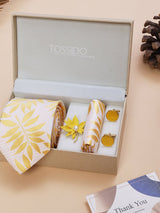 Yellow Floral Necktie Pocket Square Brooch & Cufflinks Giftset