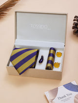 Purple & Mustard Striped Necktie Pocket Square Brooch & Cufflinks Giftset