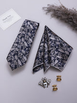 Navy Blue Floral Necktie Pocket Square Brooch & Cufflinks Giftset