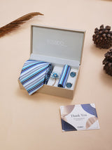 Blue Striped Necktie Pocket Square Brooch & Cufflinks Giftset