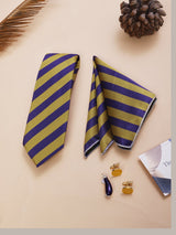 Purple & Mustard Striped Necktie Pocket Square Brooch & Cufflinks Giftset