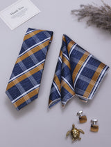 Blue & Gold Striped Necktie Pocket Square Brooch & Cufflinks Giftset