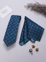 Teal Check Necktie Pocket Square Brooch & Cufflinks Giftset