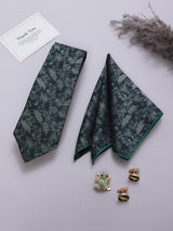 Dark Green Floral Necktie Pocket Square Brooch & Cufflinks Giftset