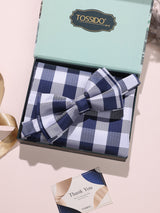 Navy & White Check Bow Tie & Pocket Square Set