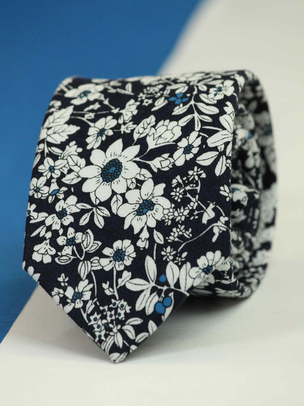 Blue & White Floral Skinny Necktie