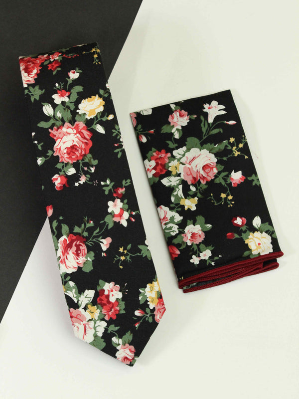 Black Floral Necktie & Pocket Square Giftset