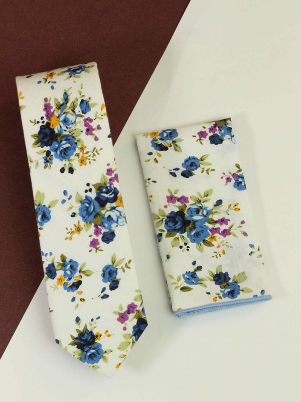 White Floral Necktie & Pocket Square Giftset