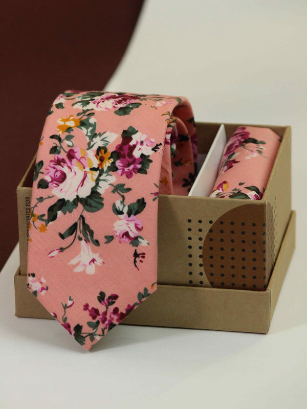 Peach Floral Necktie & Pocket Square Giftset
