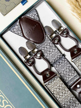 Silver Floral Elastic Suspender with Brown Leather Trims