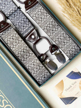 Silver Floral Elastic Suspender with Brown Leather Trims