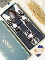 Grey Solid Elastic Suspender with Brown Leather Trims
