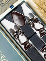 Grey Solid Elastic Suspender with Brown Leather Trims