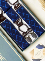 Blue Check Elastic Suspender with Brown Leather Trims